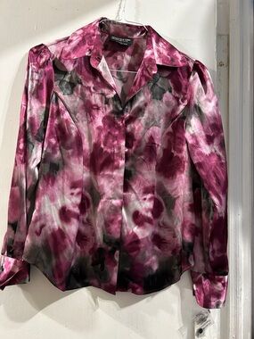 Jones New York Satin Floral Button-Front Blouse in Magenta and Black